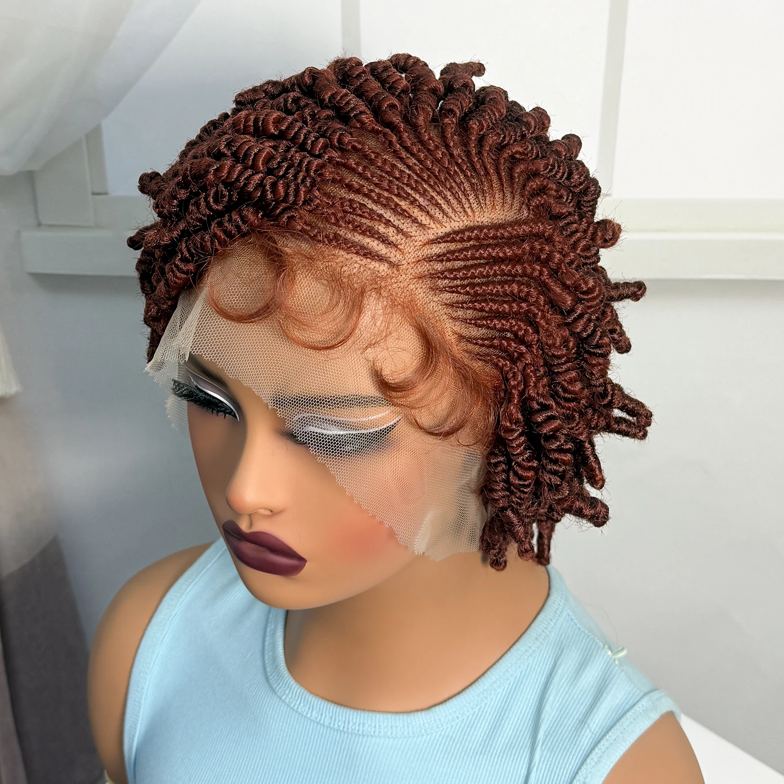 Short 350# Ginger Orange Bantu Braided Wigs Synthetic Full Lace Handmade Cornrow Braided Wigs with Baby Hair for Black Women