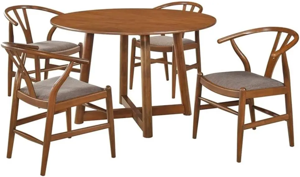 

5-Piece Round Solid Wood Dining Set Walnut