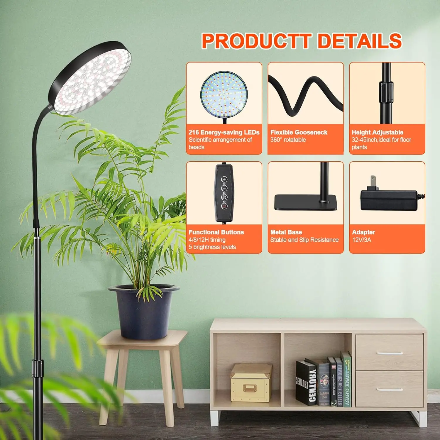 Led Grow Light Indoor Plants 6000K Full Spectrum With Stand AC85-265V Floor Plant Growing Lamp Auto ON/Off Timer 4/8/12Hours
