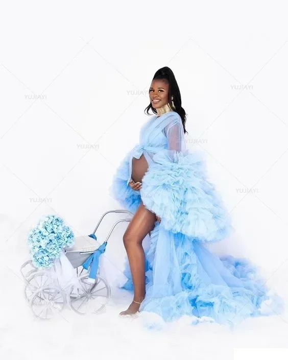 Sky Blue Mother Daughter Matching Dress for Photoshoot Birthday Party Dress Mommy and Me Family Look Maternity Baby Shower Gowns