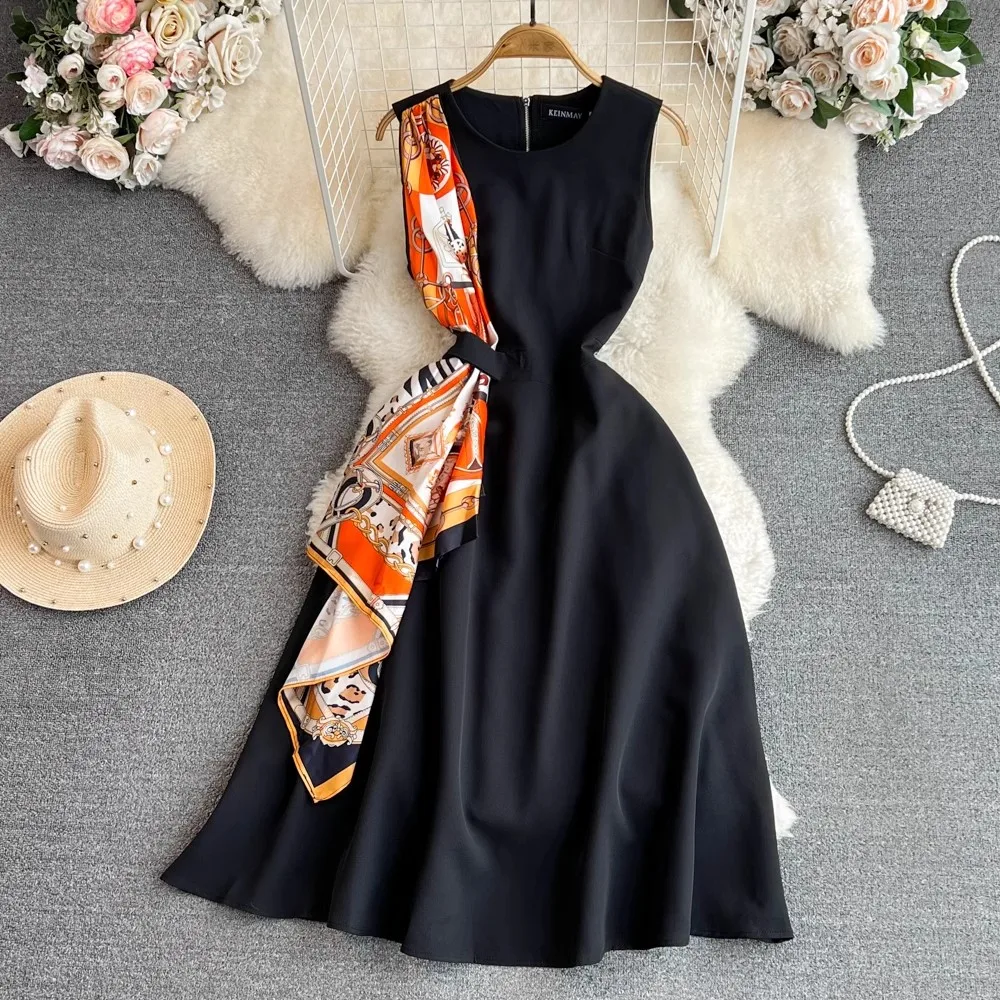 Elegant Office Lady Long Dress Women Spring Summer Sleeveless Patchwork Black Dress Party Dress Vestidos