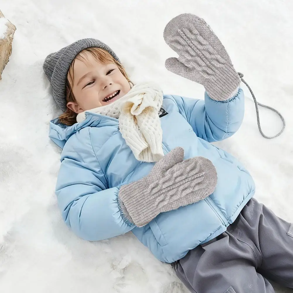 Winter Kids Hanging Neck Gloves Soft Plush-Lined Warm Gloves Solid Color Cold Weather Knit Gloves for Outdoor Wear