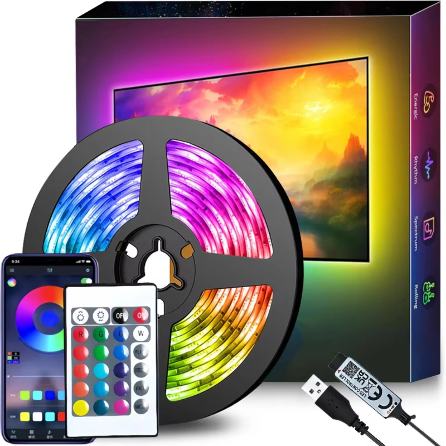 Light Strip Light, 5050 RGB USB 5V Bluetooth App and IR Control, best for bedroom TV Wall and living room or decoration