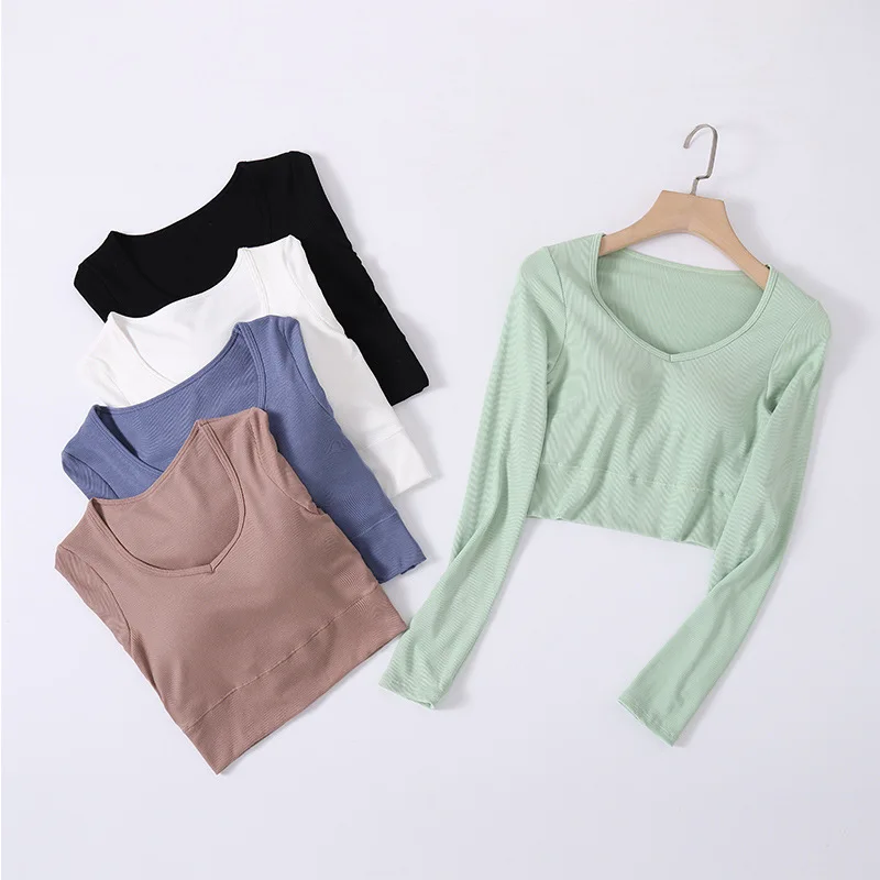 Casual Sleepwear Vest Top Bra Pad One Piece Pajamas for Women Integrated Back Underwear Thin Long Sleeved Bottoming Shirt