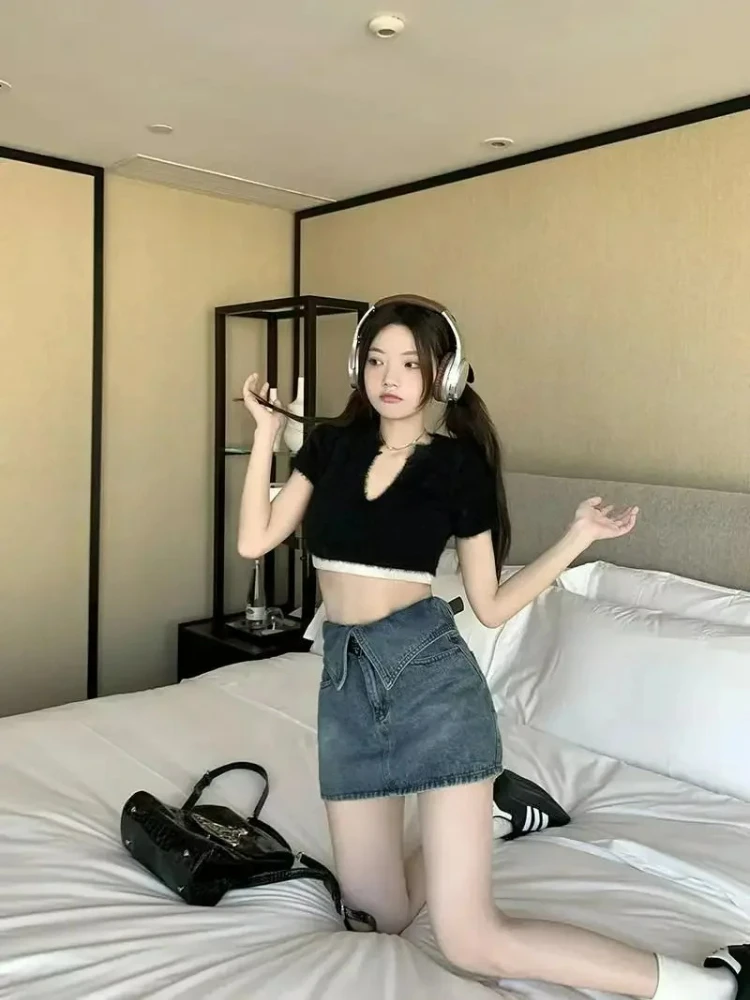 레트로 데님 미니 스커트 여성용 하이웨이스트 슬림 A라인 바디콘 반길이 여름 스커트 안감 포함 안티라이트