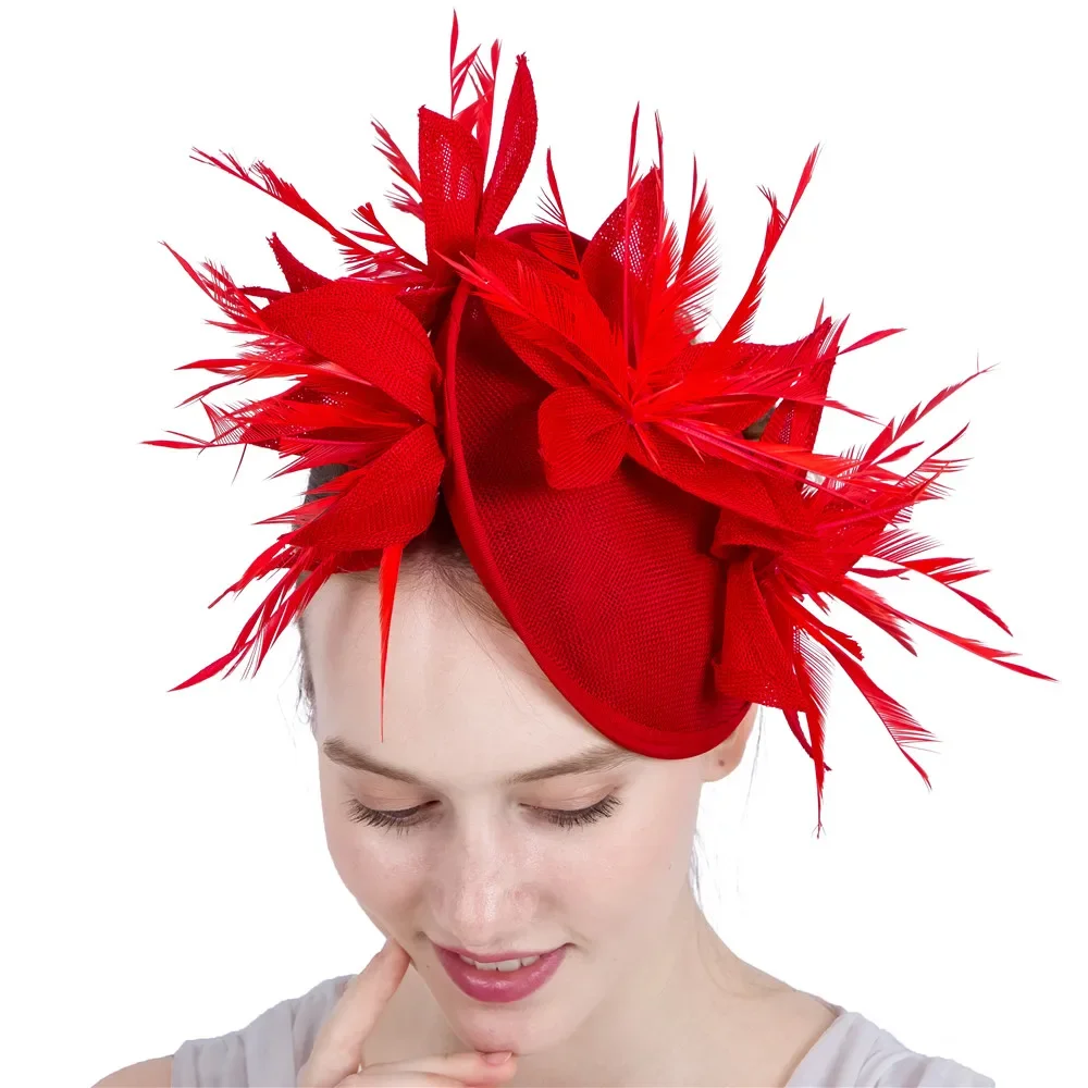 Red Imitation Sinamay Fascinators Elegant Ladies feather Floral Hat hairclip Wedding Party Derby Hair Accessories New Style