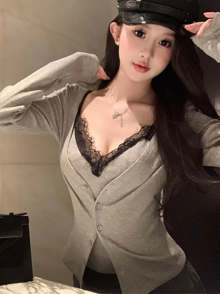 Sexy Sweet 2000s Aesthetic Outfits 2 Piece Set Women Off Shoulder Lace Camisole Coquette + Grey Knitted Cardigan Simple Clubwear