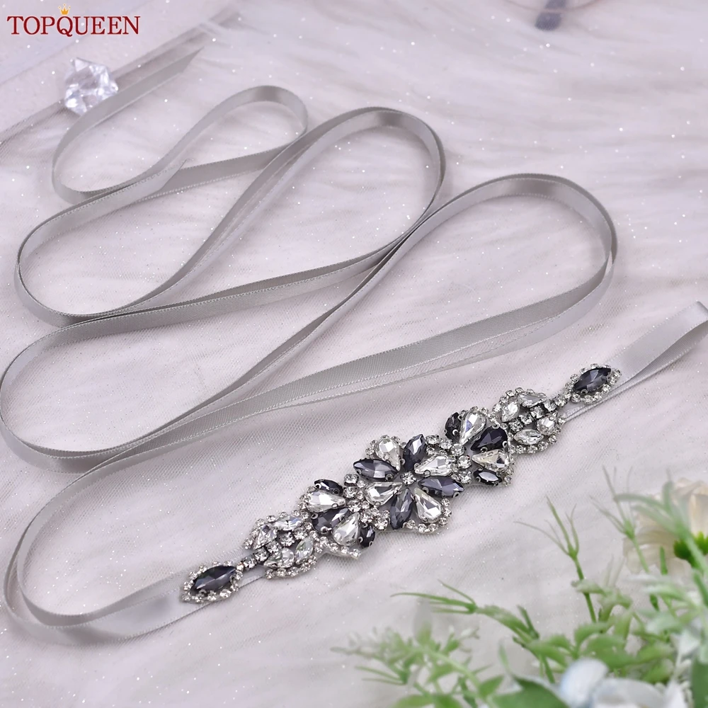 TOPQUEEN New Design Gray Rhinestone Belt Wedding Sash Handmade Patch Bridesmaid Belt Bridal Party Dress Belt S464-H