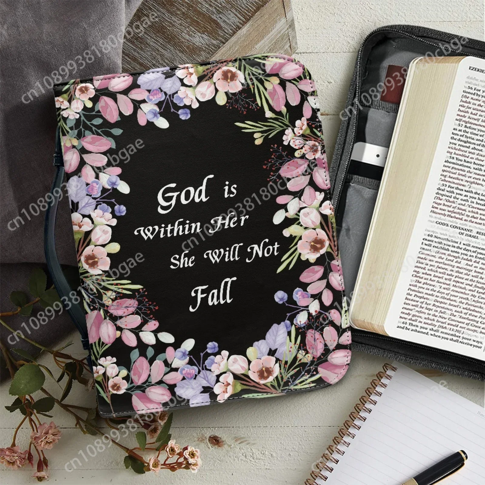 

Flowers Verse Pattern Leather Bible Bag for Women Men Handle Handbags Bible Hymns Bible Cover Case Carrying Storage Bags