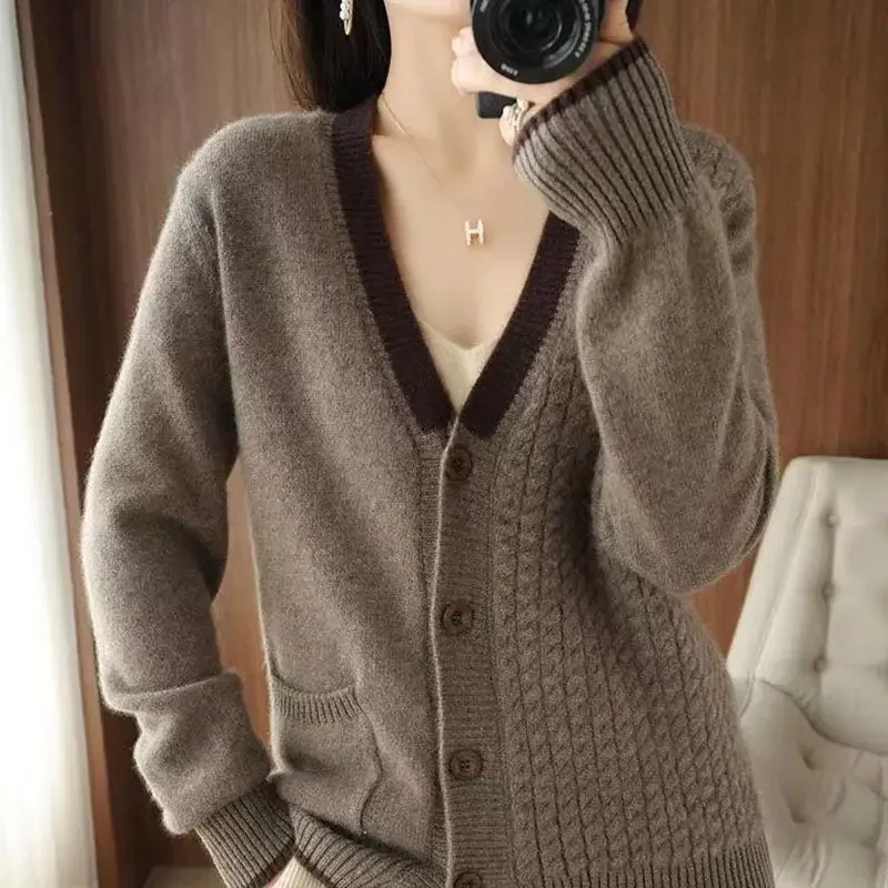 Ladies Sweaters V-neck Cardigan Winter Button Brown Knitted Top For Women Korean Style Modern New In Trend Unique Offers Jumper