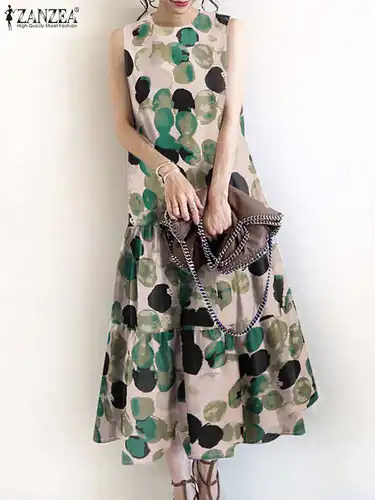 Imagen 2 del producto ZANZEA-Vestidos bohemios sin mangas para mujer, Vestido veraniego con estampado Floral, informal, con dobladillo con volantes, Vestido largo para mujer 2024