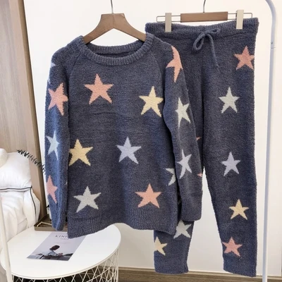 Japão estilo gp grosso de malha colorido estrelas pijamas conjunto casa camisolas salão wear geleto pijamas