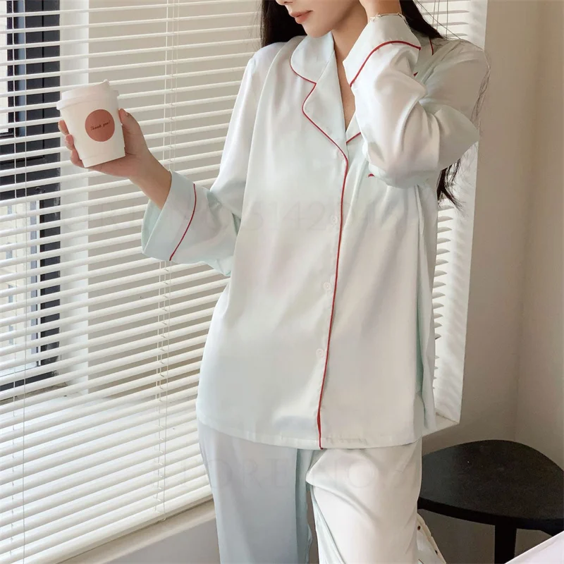 Green Satin Sleepwear Lounge Wear Female Long Sleeve Pajamas Trouser Suits Intimate Lingerie Casual Home Wear Pyjama Pour Femme