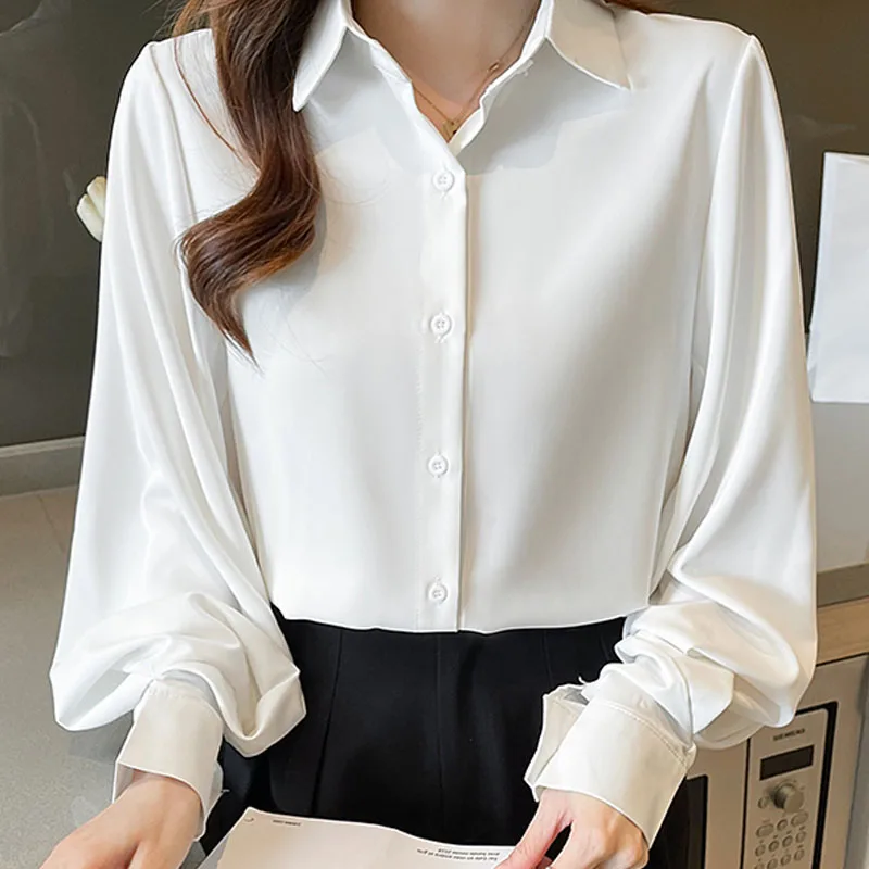 Office Lady manica lunga colletto rovesciato camicia donna camicia bianca nera in Chiffon camicetta donna top Blusas Para Mujer camicie H340