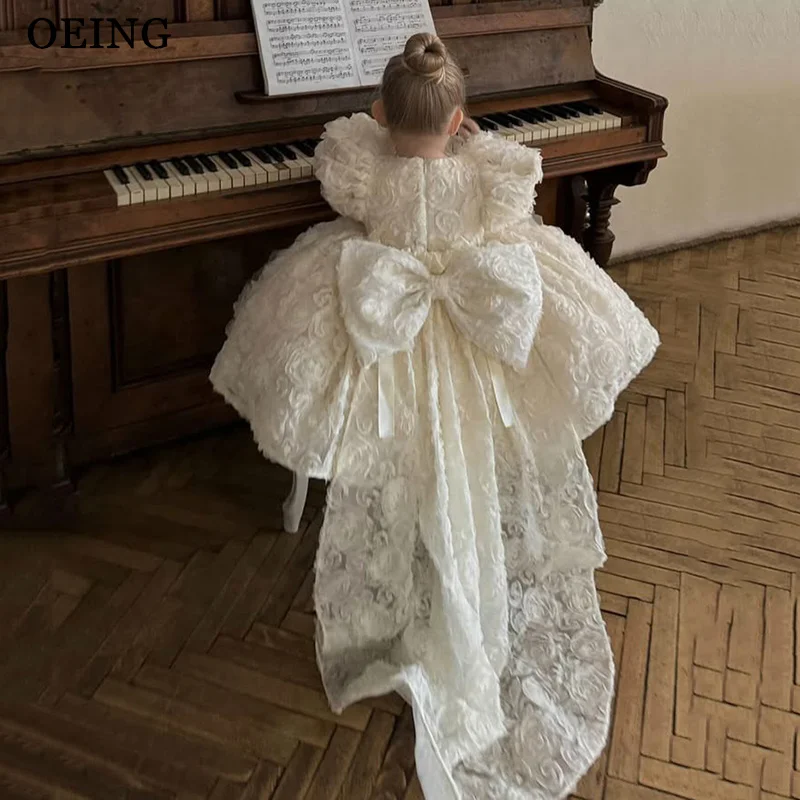 OEING Vintage Ivory A-Line Flower Girl Dress 3D Rose Fabric Bow Wedding Party Dress Princess Baby Birthday Dress Customized