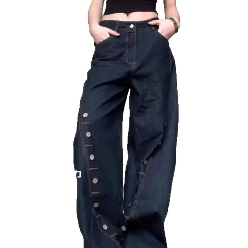 MWJLPWQ Celana Jeans Denim Asli Model Lubang Kancing Longgar Gaya Machete Celana Panjang Kasual Pria High Street Model Kaki Lebar Musim Gugur 2025 Fashion11967