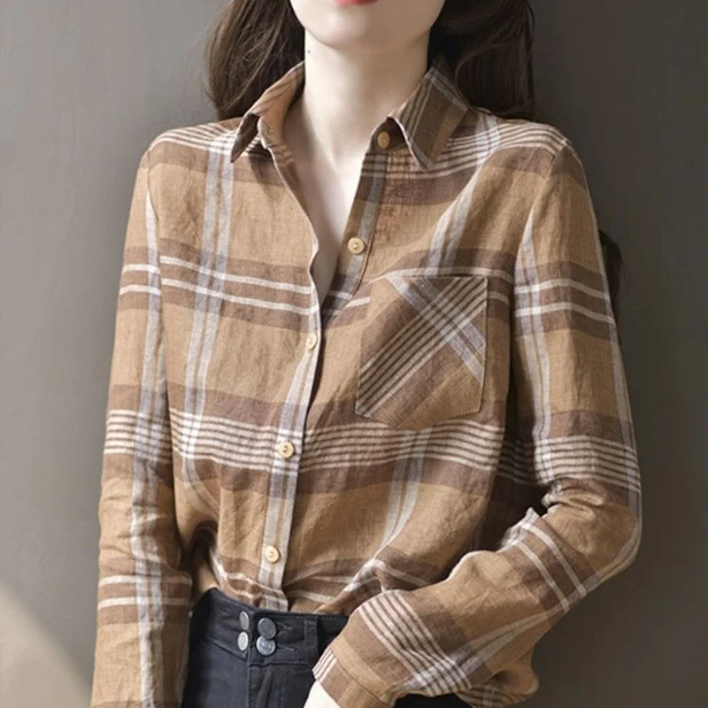 Vintage Lattice Pocket Single-breasted Blouse Womne New Long Sleeve Loose Polo Collar British Style Temperament Lady Shirt 2022