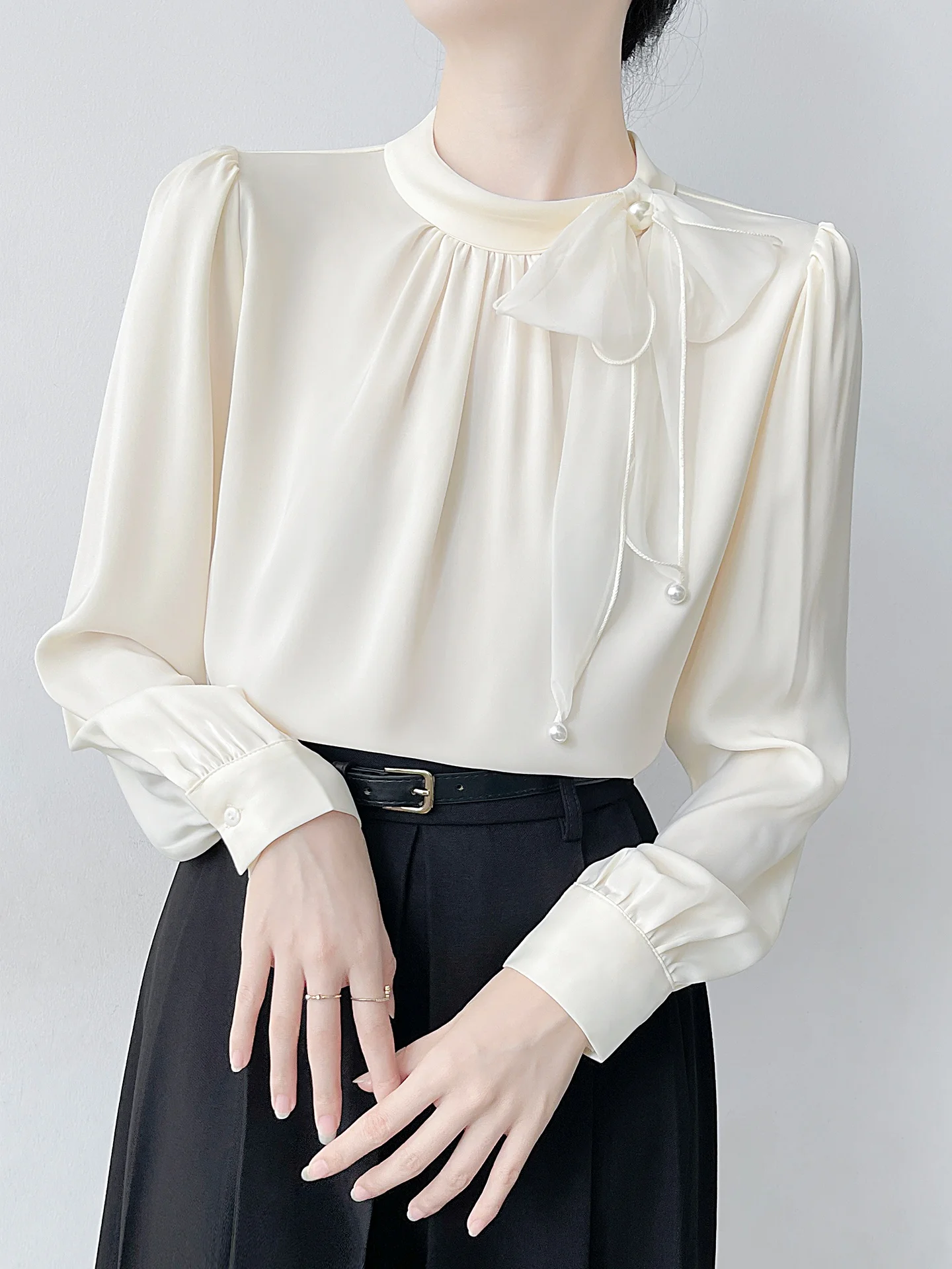 

Korean Sle Long Sve Pearl Knot Silk irt Women's Inner Wear Layered Commute Top Straight Cut Poly Fiber Blouse
