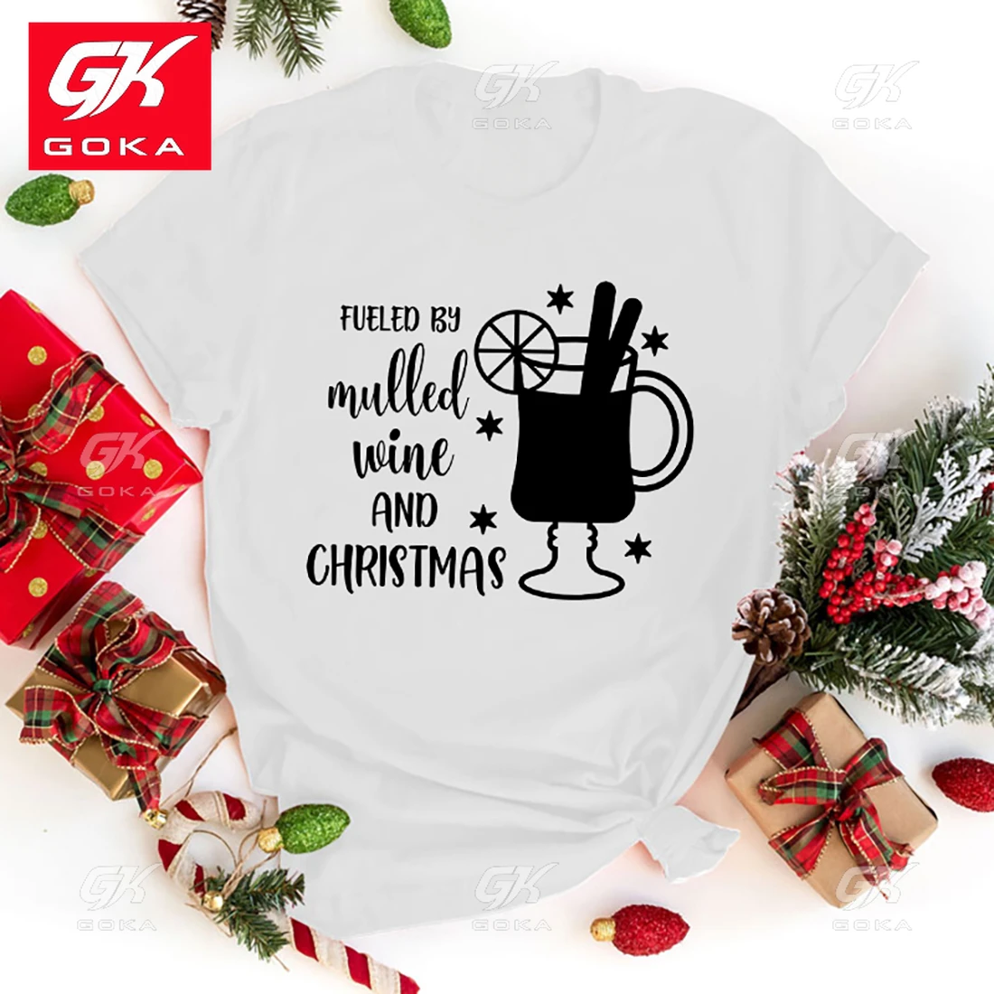 New Fueled By Mulled Wine and Christmas Print Cotton T Shirt Unisex Casual Short Sleeve Womens Fashion Fueled By Mulled Wine Tee