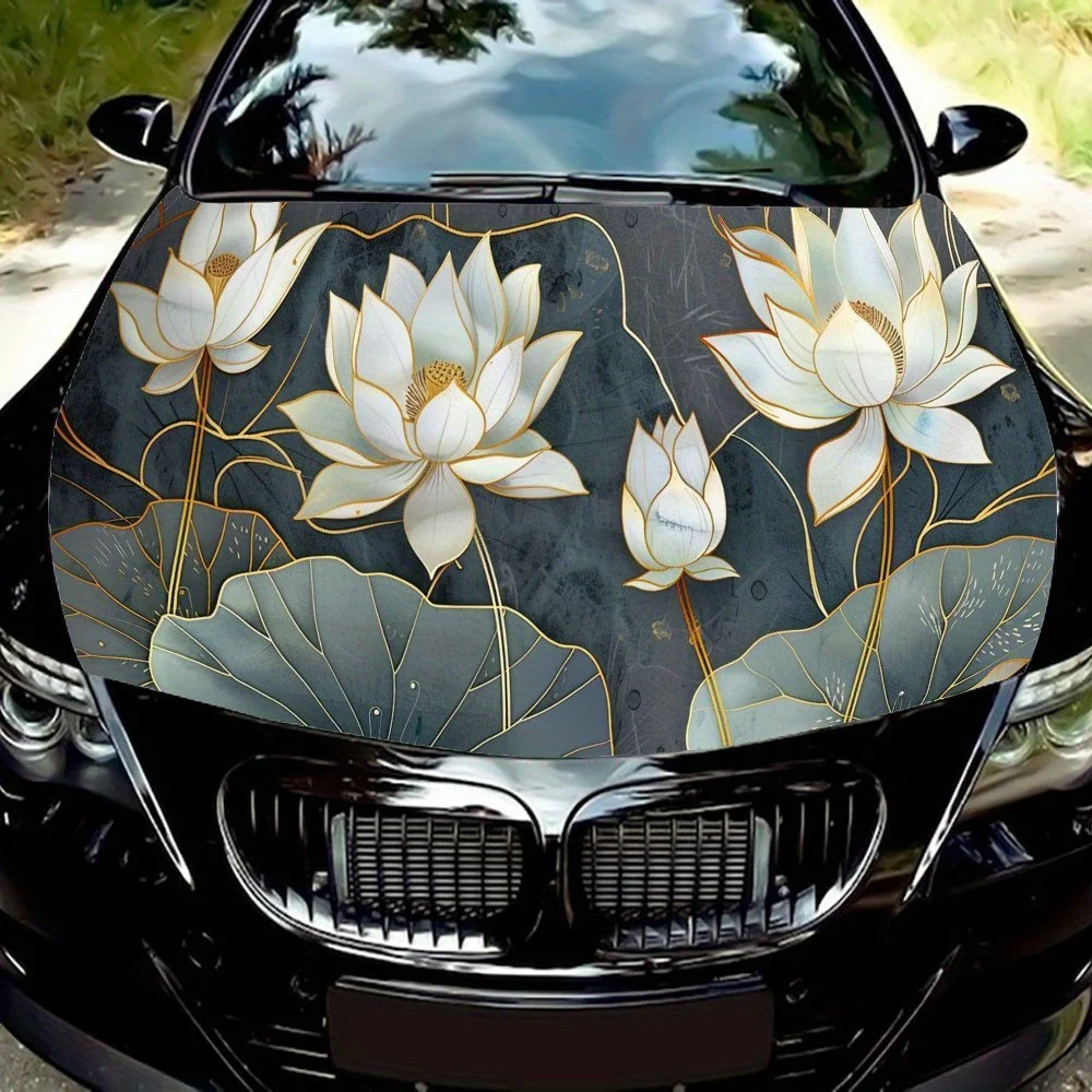

Blooming White Lotus Ink Painting Car Hood Vinyl Wraps Sticker, Car Engine Decal, Waterproof Self-adhesive Car Packaging Cover,