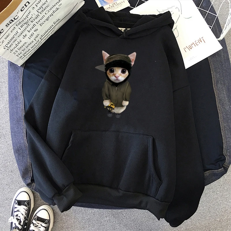 Hoodie EI Gato Meme Sad Crying Cat Kitty 3D Print Sweatshirt Autumn Winter Lazy Style Loose Hoodie Fashion Clothing Black Hooded