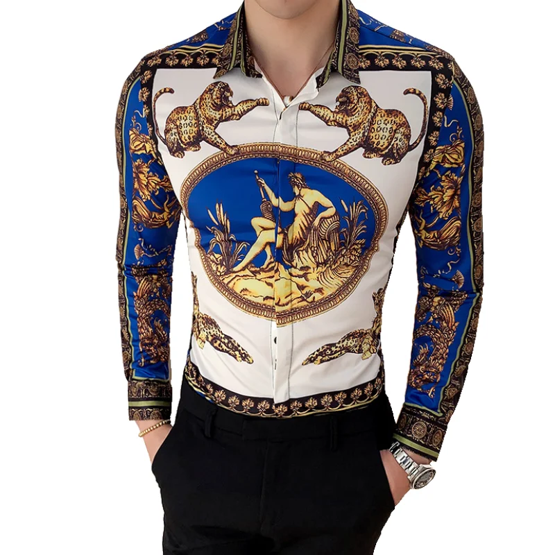 Plus Size M-6XL Men\'s Shirt New Luxury Striped Plaid Print Slim Shirts Fashion Brand Men Long Sleeve Baroque Casual Party Shirt