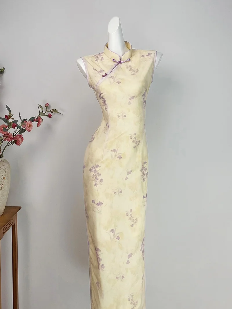 

Потрясающее желтое ципао для молодых женщин: приталенная модифицированная версия, весна-лето, новая китайская модель, элегантное длинное платье класса люкс