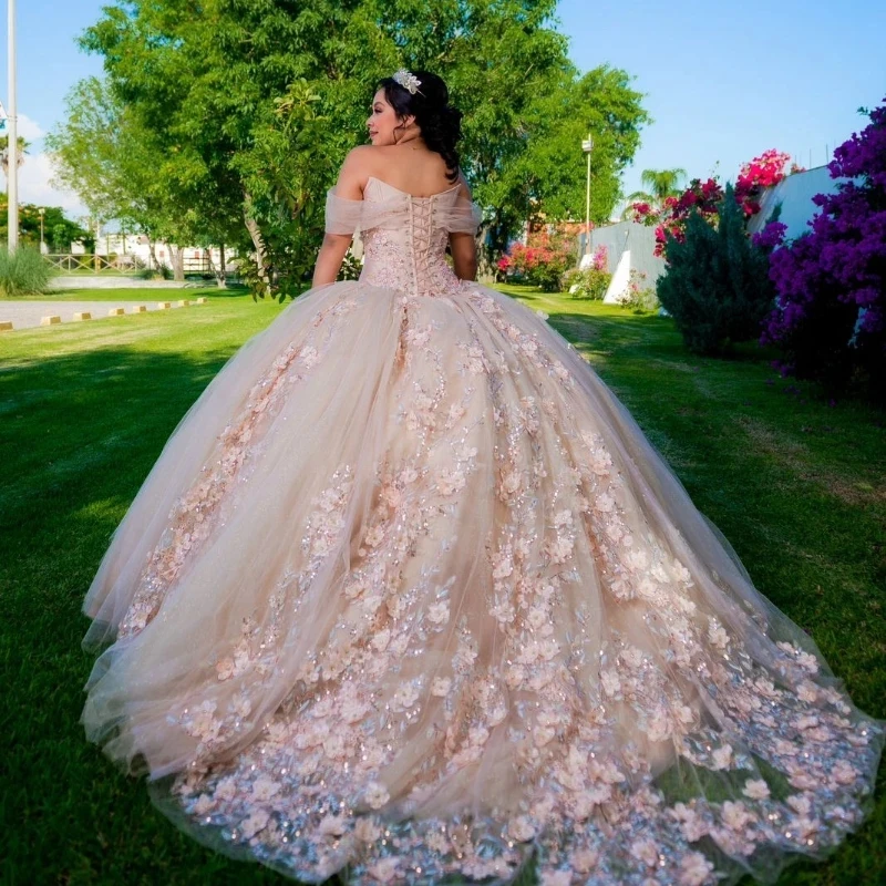 

EVLAST Blush Quinceanera Dress 2023 Ball Gown Floral Flowers Lace Appliques Beading Sweet 16 Vestidos De 15 Quinceañera TQD059