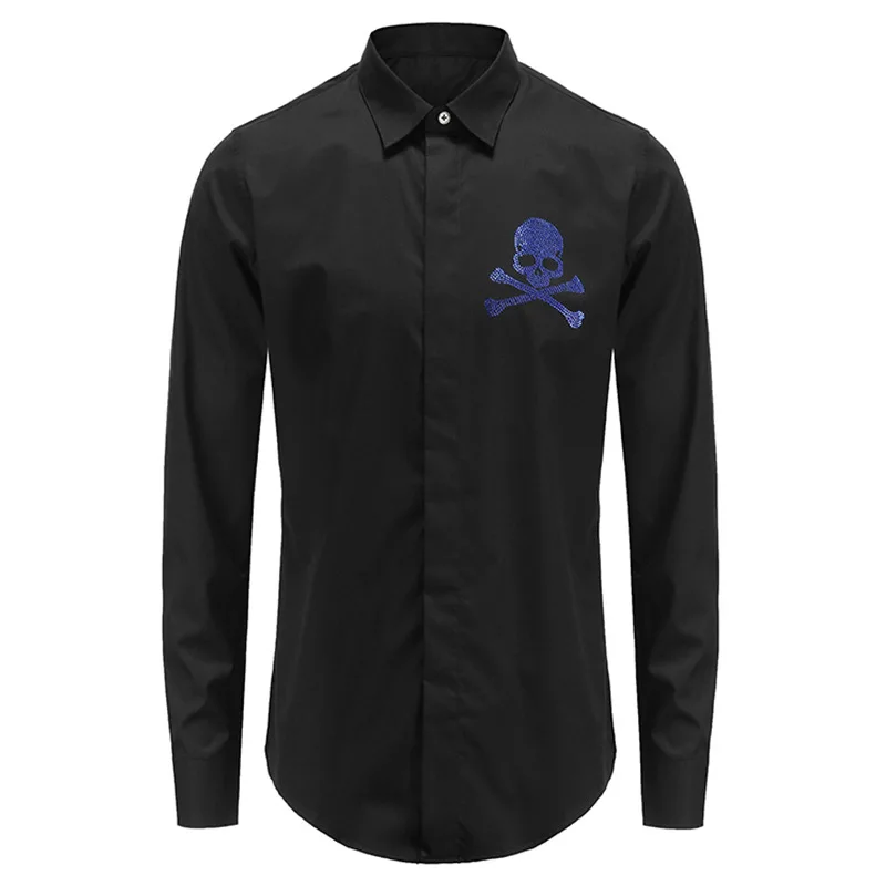 New 2021 Men luxurious Steampunk Skull Monster diamond Fashion Silk Casual Shirts Shirt high Pocket Long-sleeves S 3XL #D279