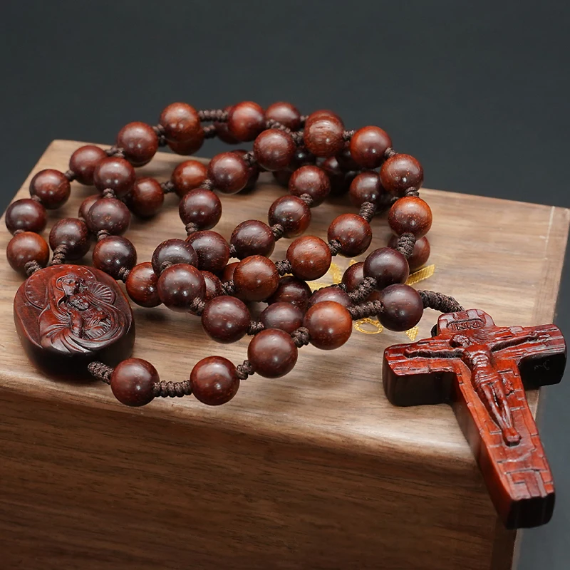 

Wood Rosarios Catolicos Virgen Maria Jesus Icon Cross Bracelet Lobular Red Sandalwood Rose Rosary High-end Jewelry Gifts