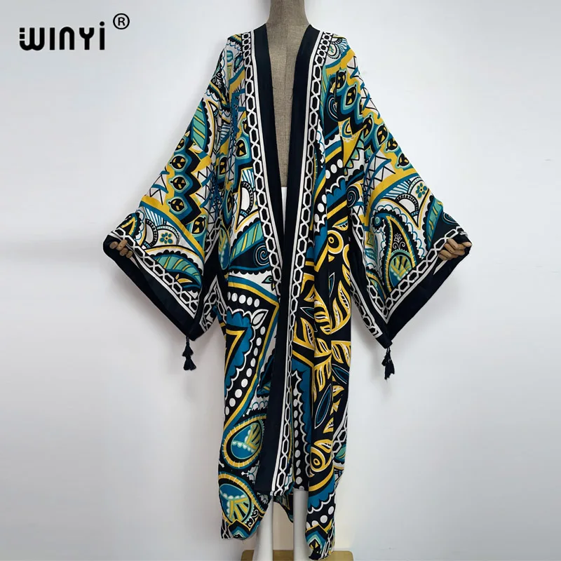 

2022 WINYI Women beach swimsuit Cardigan Long Dress cover up Party Boho Maxi kaftan African Holiday Batwing Sleeve Summer kimono