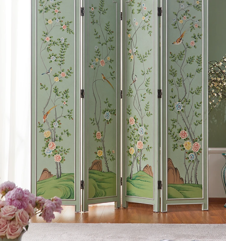 

Screen partition pastoral foldable mobile solid wood hand-painted lacquer double-sided four-screen