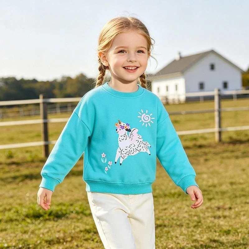 2-7T Girls Sweatshirts 100% Cotton Pullover Tops Cute Alpaca Unicorn Flower Sun Cartoon Hoodies Children Clothes
