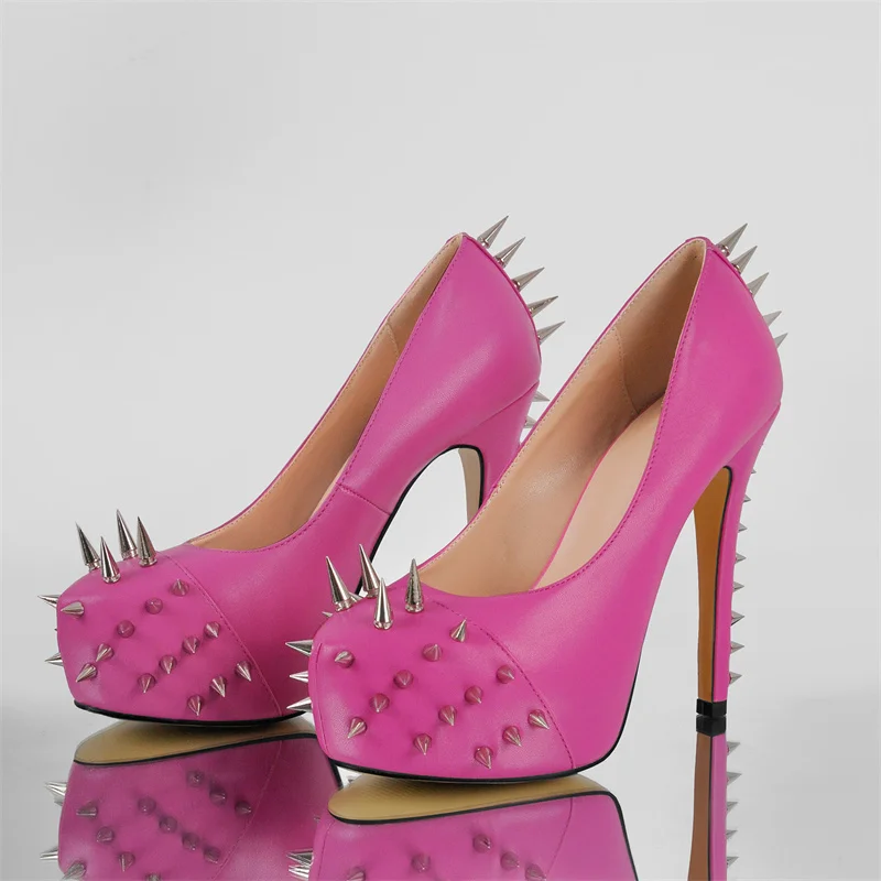 

Onlymaker Women Round Toe Platform Pink Rivet Heels Pumps Party Dress 13CM Stiletto Slip On Sexy Heels Shoes