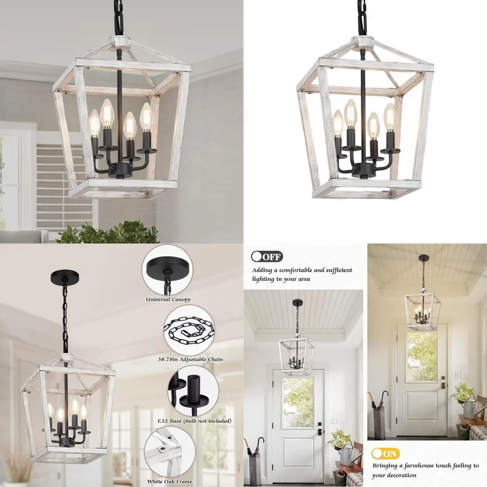 

Подвесной светильник-фонарь в деревенском стиле с 4 лампами, с каркасом из матового белого дуба, регулируемой цепью, цоколем E12, для потолочного освещения или кухонного острова, I
