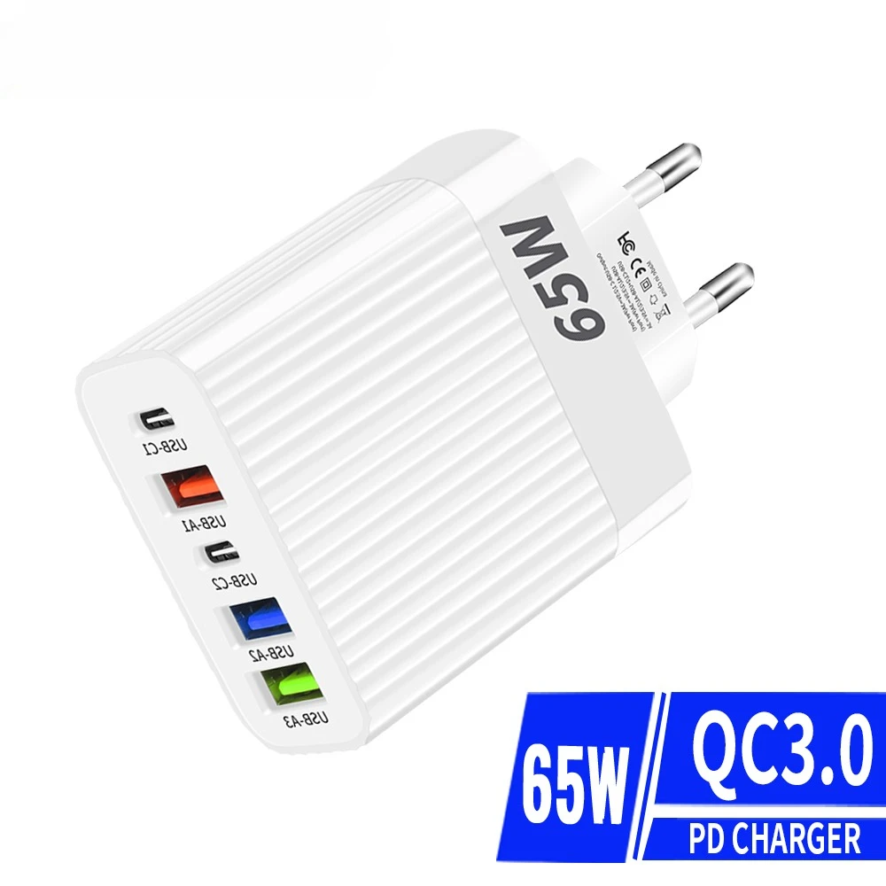 65W USB C Charger 5 Port Fast Charge EU/US Plug Wall Charging Adapter For iPhone Samsung Xiaomi Quick Charge USB Type-C  Adapter