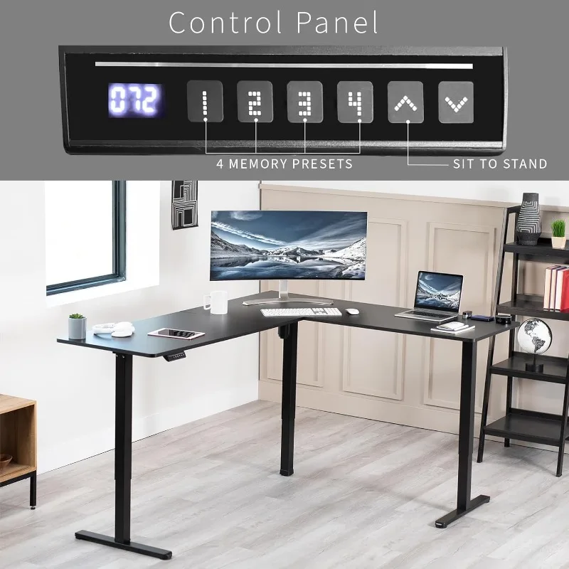 Electric Corner 75 X 63 Inch L-Shaped Standing Desk, Memory Height Adjustment, Black Top Black Frame, DESK-E3CTB-75