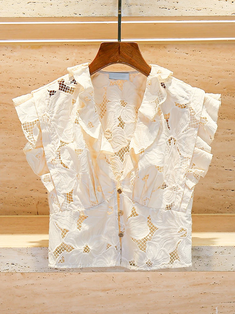 

Elegant Short Lace Shirt V-neck Puff Sleeve Women's Top Summer Fashion Commute Style Polyester Fiber Straight Cut Blouse