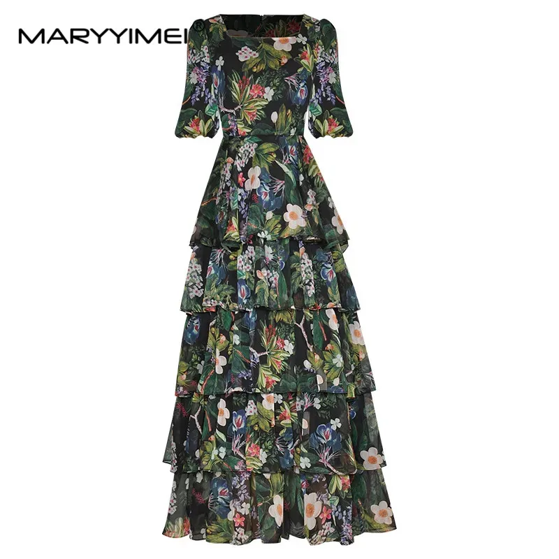 

MARYYIMEI Fashion Designer Summer Dress Square Neck Lantern Sleeves Cascading Ruffle Flower Print Vacation chiffon Dresses