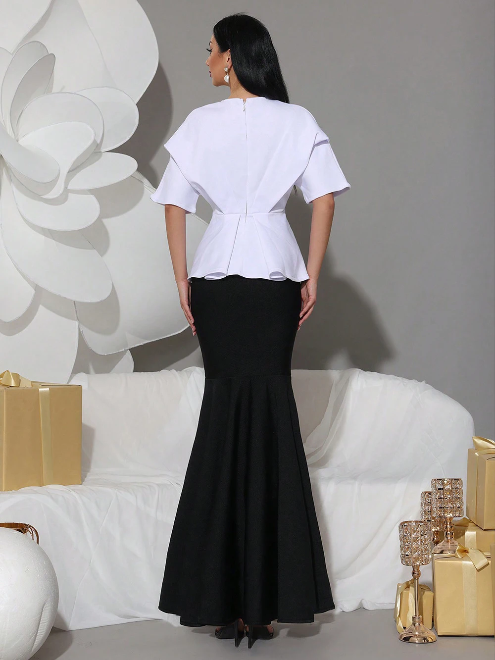 Modphy Elegant Rhinestone Appliques Half Sleeve Top&High Waist Mermaid Long Skirt Two Piece Set Women Formal Bandage Dress Set
