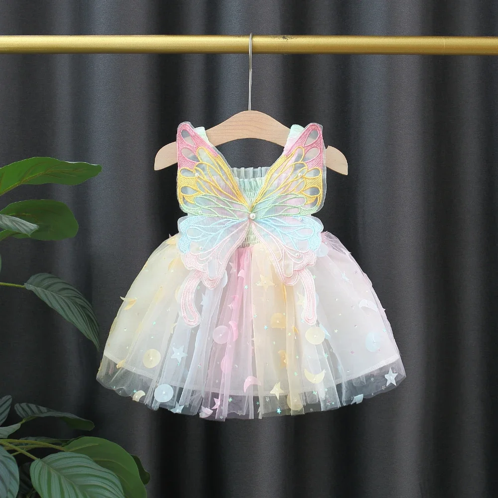 New Girls Dress Summer Butterfly Wings Colorful Dream Princess Dress Birthday Party Dress Geometric Glitter Dress Suspenders