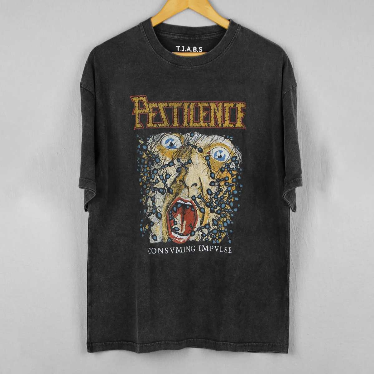 Pestilence T-Shirt Consuming Impulse Death Metal Morbid Angel Washed Loose Drop Shoulder Retro Cotton Tee Shirt