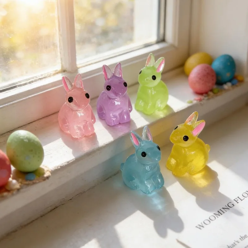 Glow Resin Rabbit Figurines Luminous Easter Bunny Decor MultiUse Safe Smooth Tabletop Cake Topper Home Party Room Decor Ornament - Detail 1