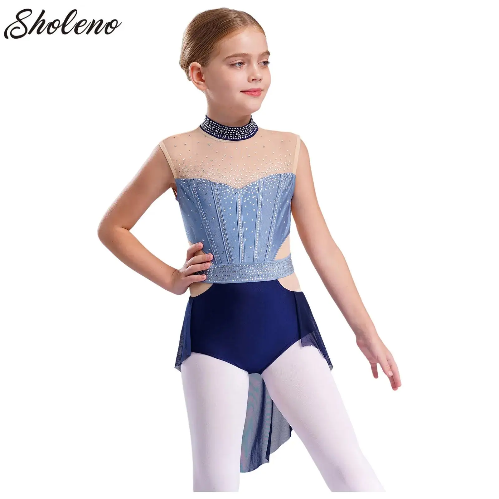 

Kids Girls Ballet Skirted Leotard for Lyrical Figure Skating Dance Stage Costume Shiny Gymnastics Dress with Flowy Skirt