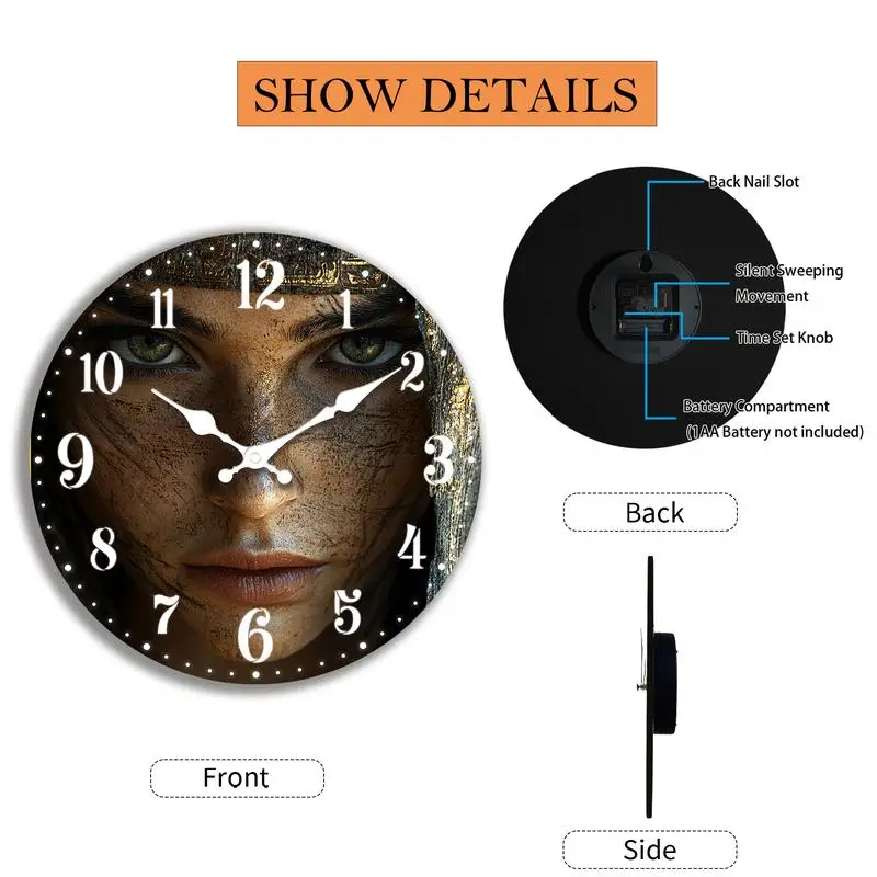 1pc 2D-Flat Egyptian pharaoh makeup Quartz Round Analog Wooden Silent Wall Clock Perfect Christmas gift for friends etc