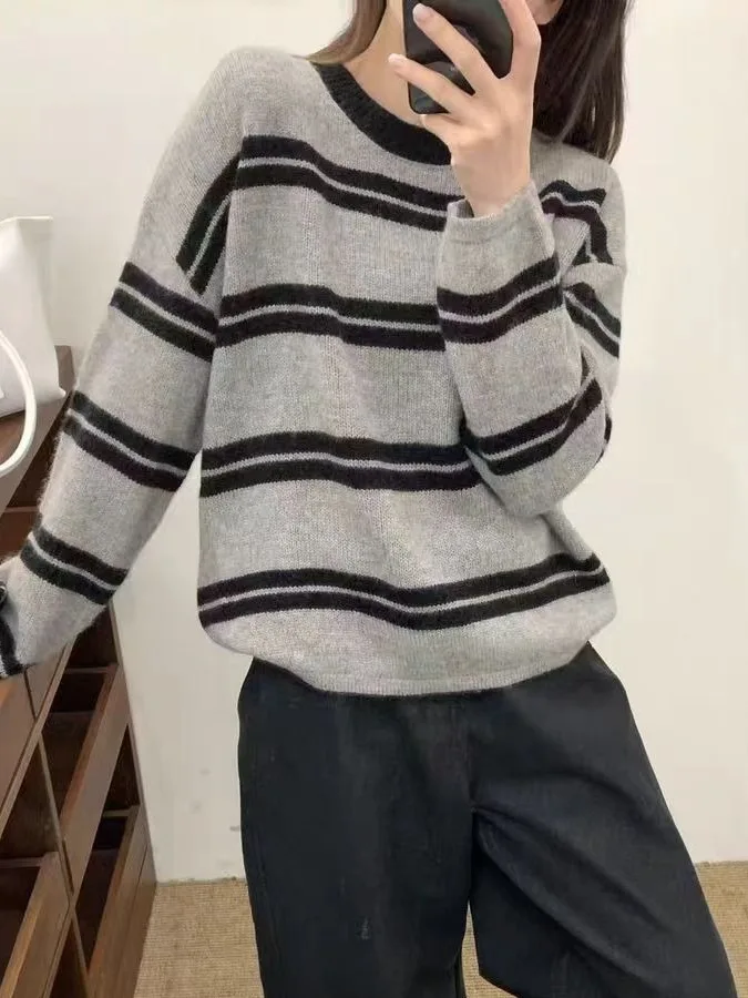 

Loose Women's Long Sve Knitted Sweater round Ne Striped Design Autumn Winter Soft Cozy Overhead T-irt Korean Sle