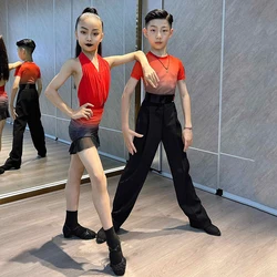 Kids Latin Dance Clothes Girls Red Dress Boys Short Sleeves Tops Cha Cha Rumba Dance Competition Clothing Practice Wear DNV20819