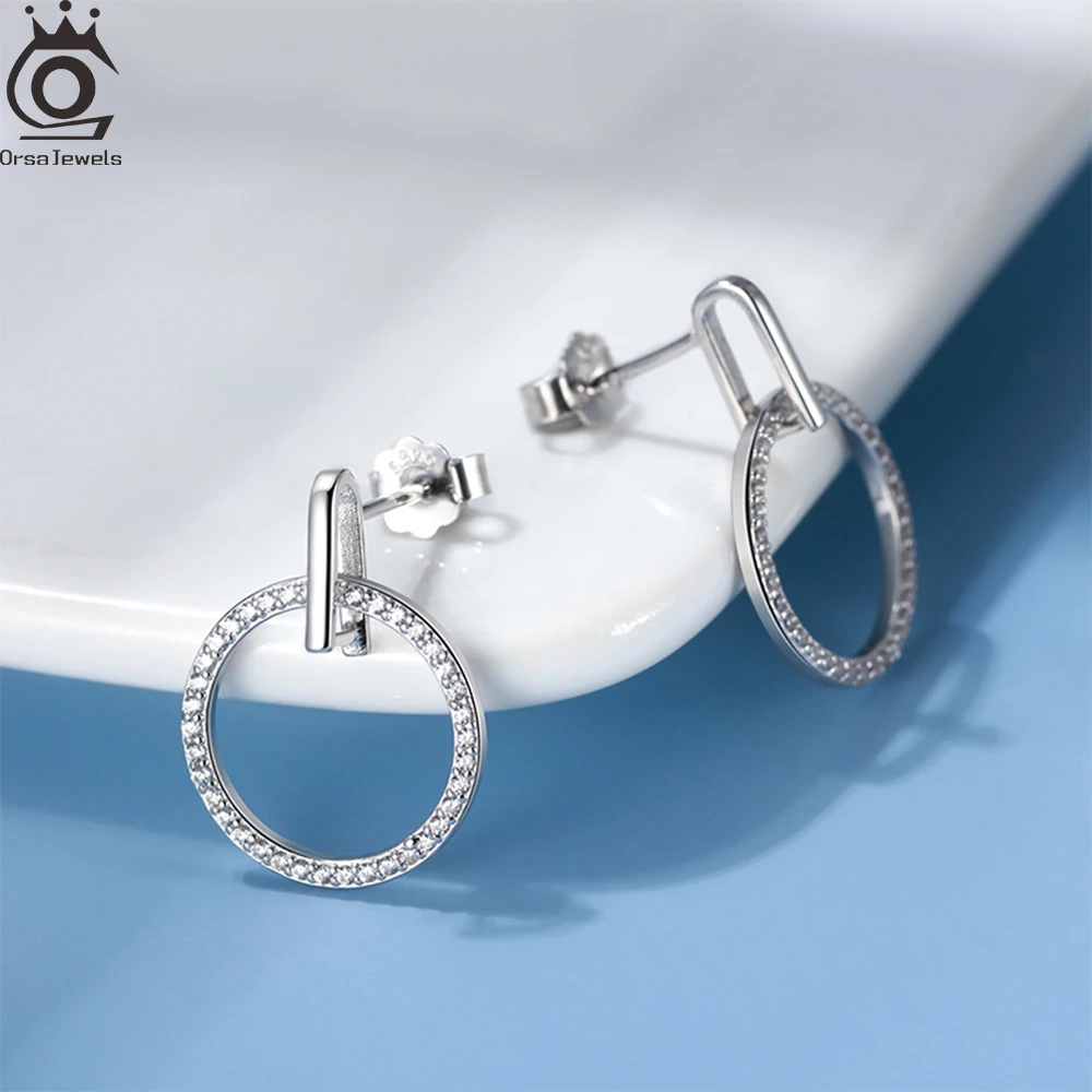 

ORSA JEWELS Soild 925 Stelring Silver Cubic Zirconia Hoop Earrings Wedding Party CZ Circle Piercing Earrings Fine Jewelry APE23