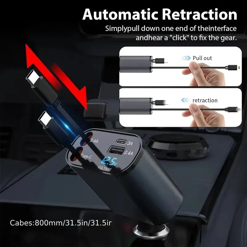 Caricabatteria da auto retrattile da 120W, caricabatteria da auto a ricarica Super veloce 4 in 1, caricabatteria da auto con spina di conversione retrattile a due fili