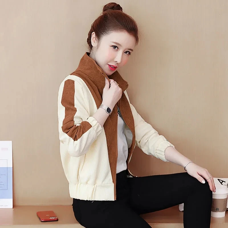 

Women's Corduroy Jacket Spring Autumn Casual Stand Collar Coat New Loose Crduroy Windbreaker Overcoat Zipper Short Tops Female